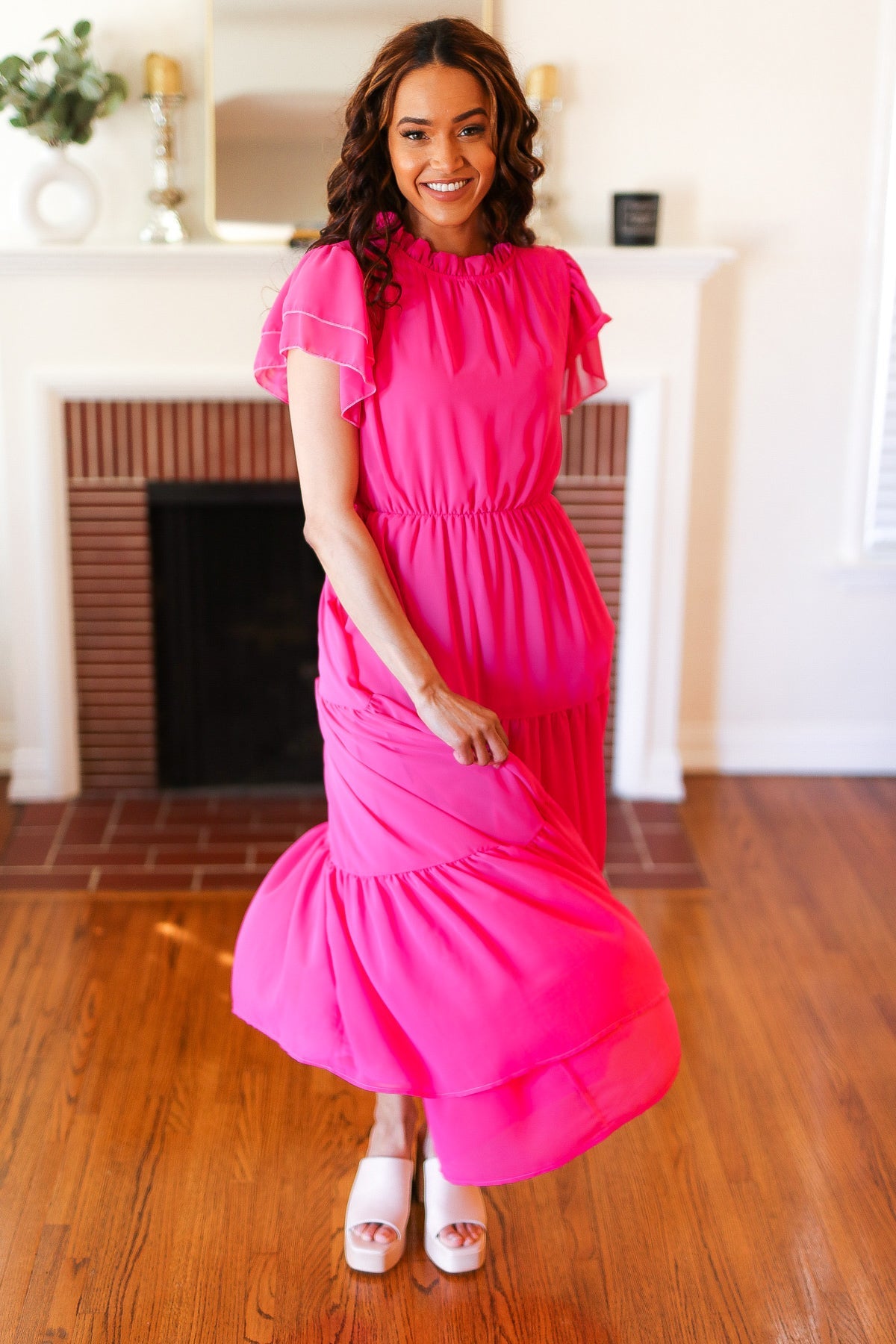 Perfectly You Hot Pink Mock Neck Tiered Chiffon Maxi Dress