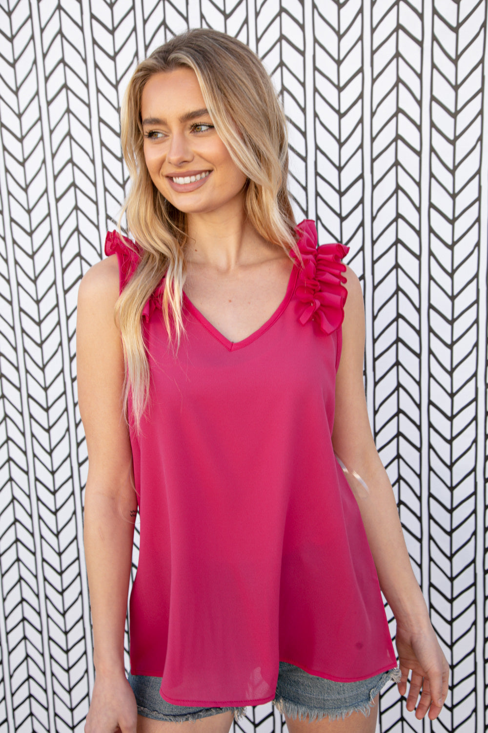 Fuchsia Frill Shoulder Sleeveless Crepe Woven Top