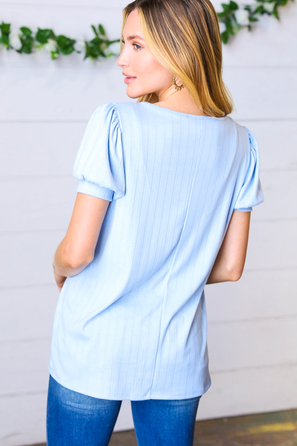 Light Blue Wide Rib Puff Sleeve Top