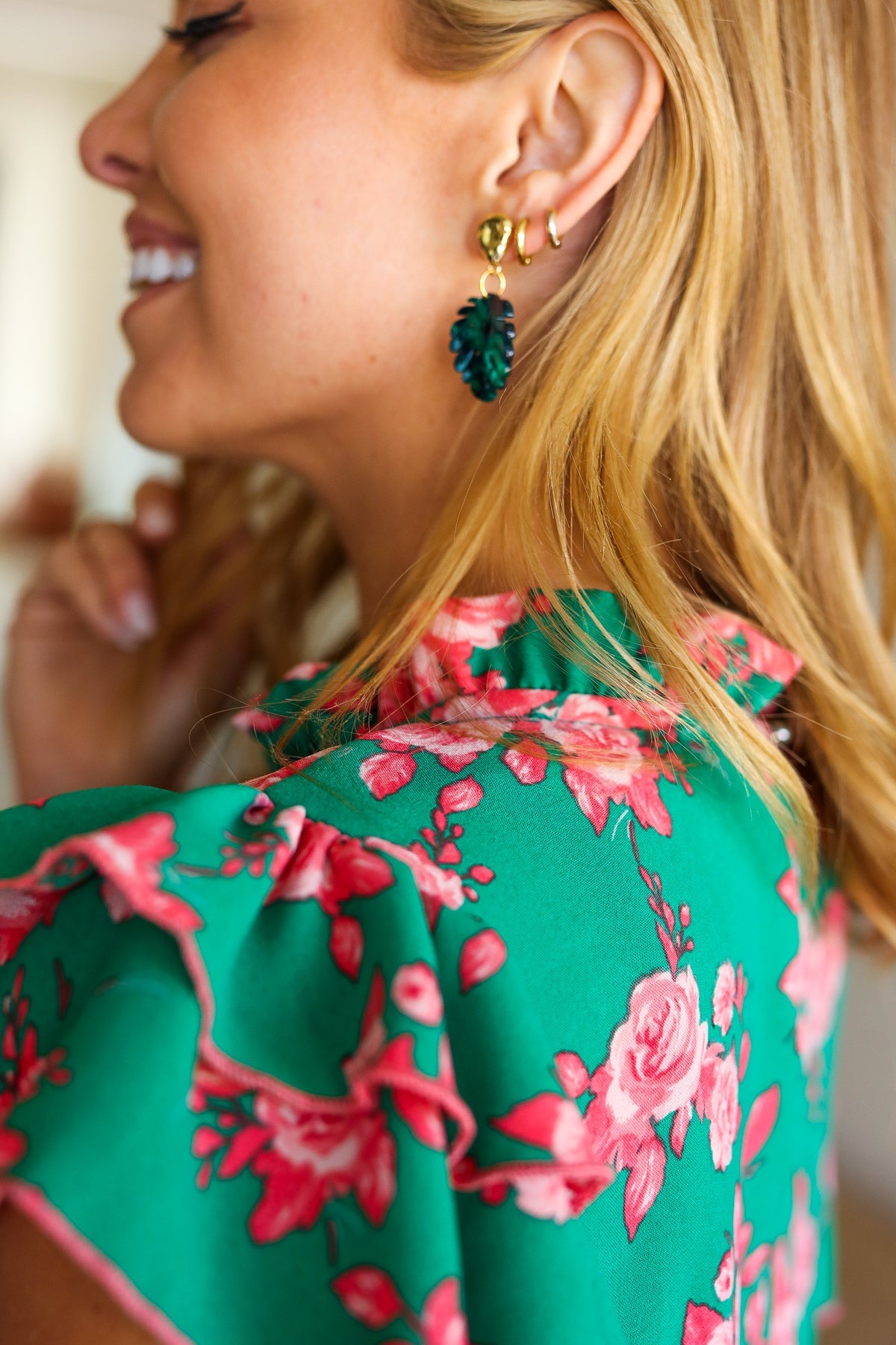 Emerald & Gold Monstera Leaf Dangle Earrings