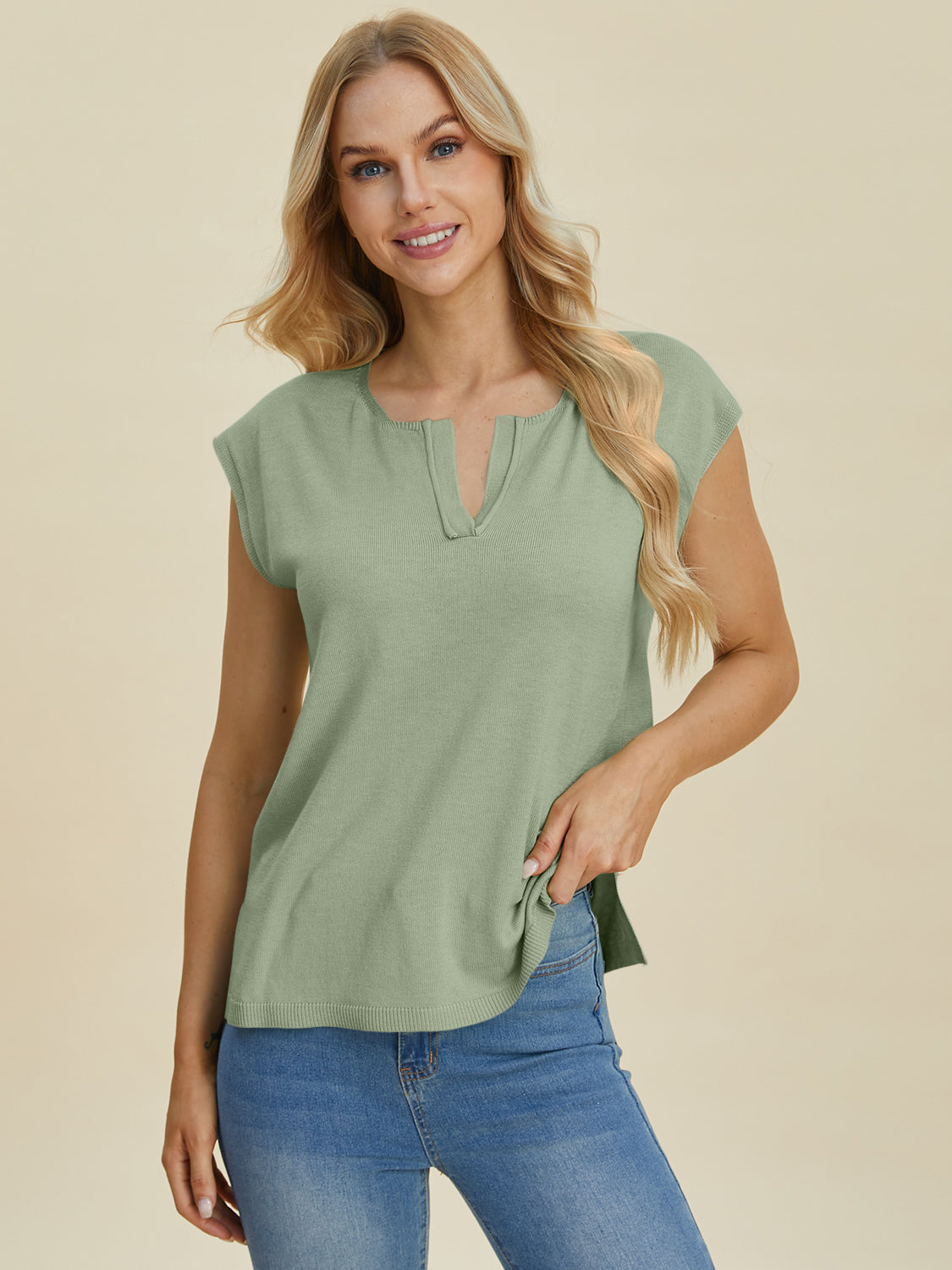 Double Take Full Size Notched Cap Sleeve Knit Top