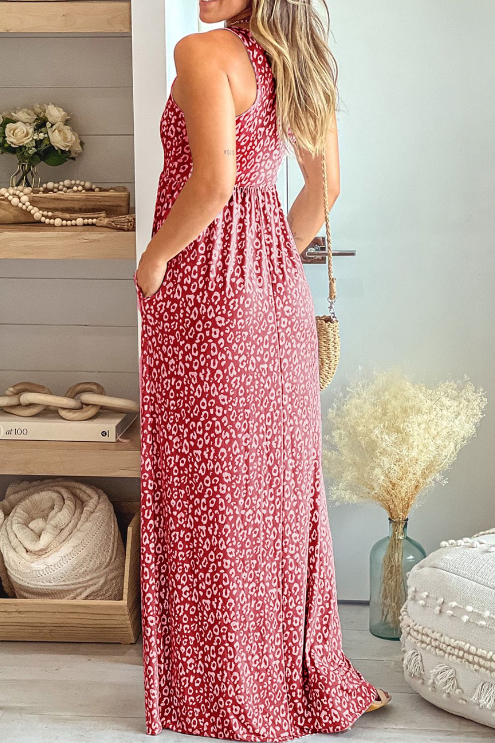 Leopard Round Neck Sleeveless Maxi Dress