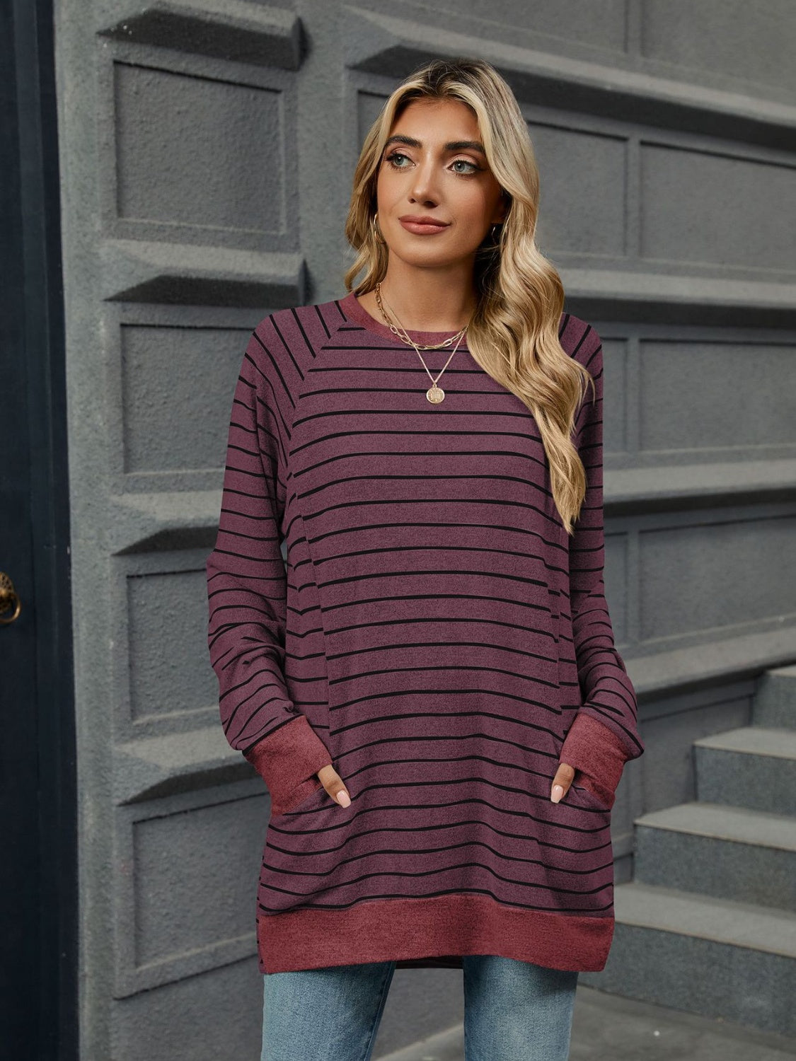 Pocketed Striped Round Neck Long Sleeve T-Shirt