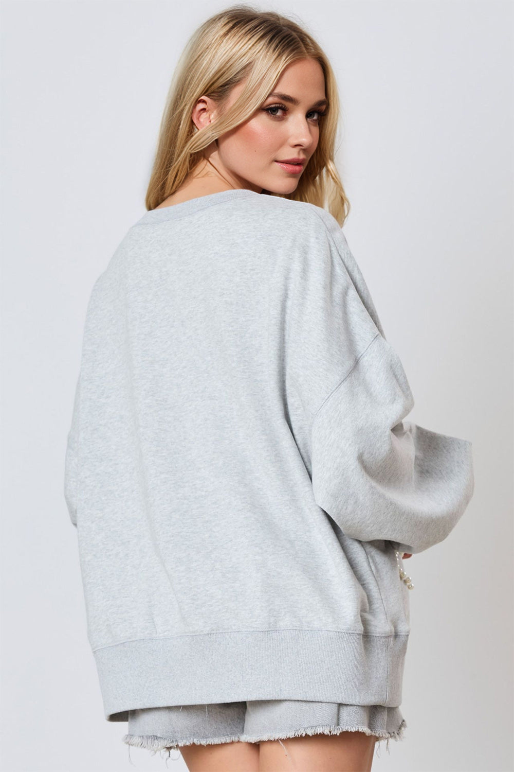 Pearl Bow Round Neck Dropped Shoulder Sweatshirt