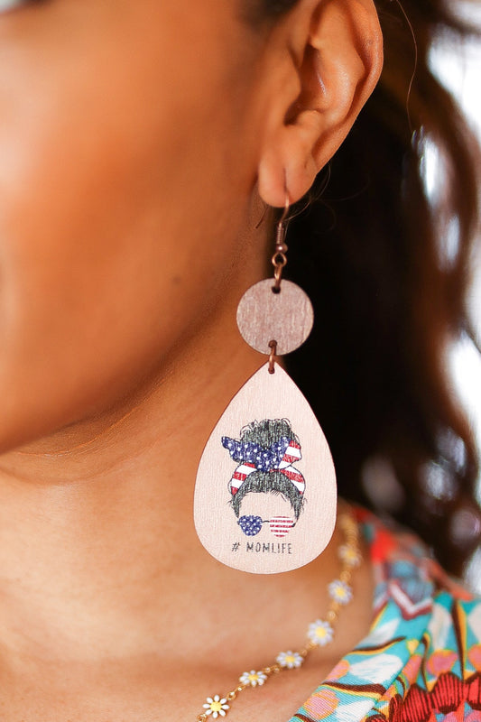 USA Flag "#MOMLIFE" Wooden Dangle Earrings