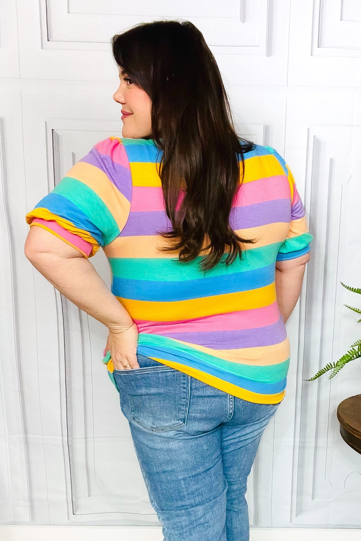 Can't Look Away Multicolor Stripe Bubble Sleeve Terry Top