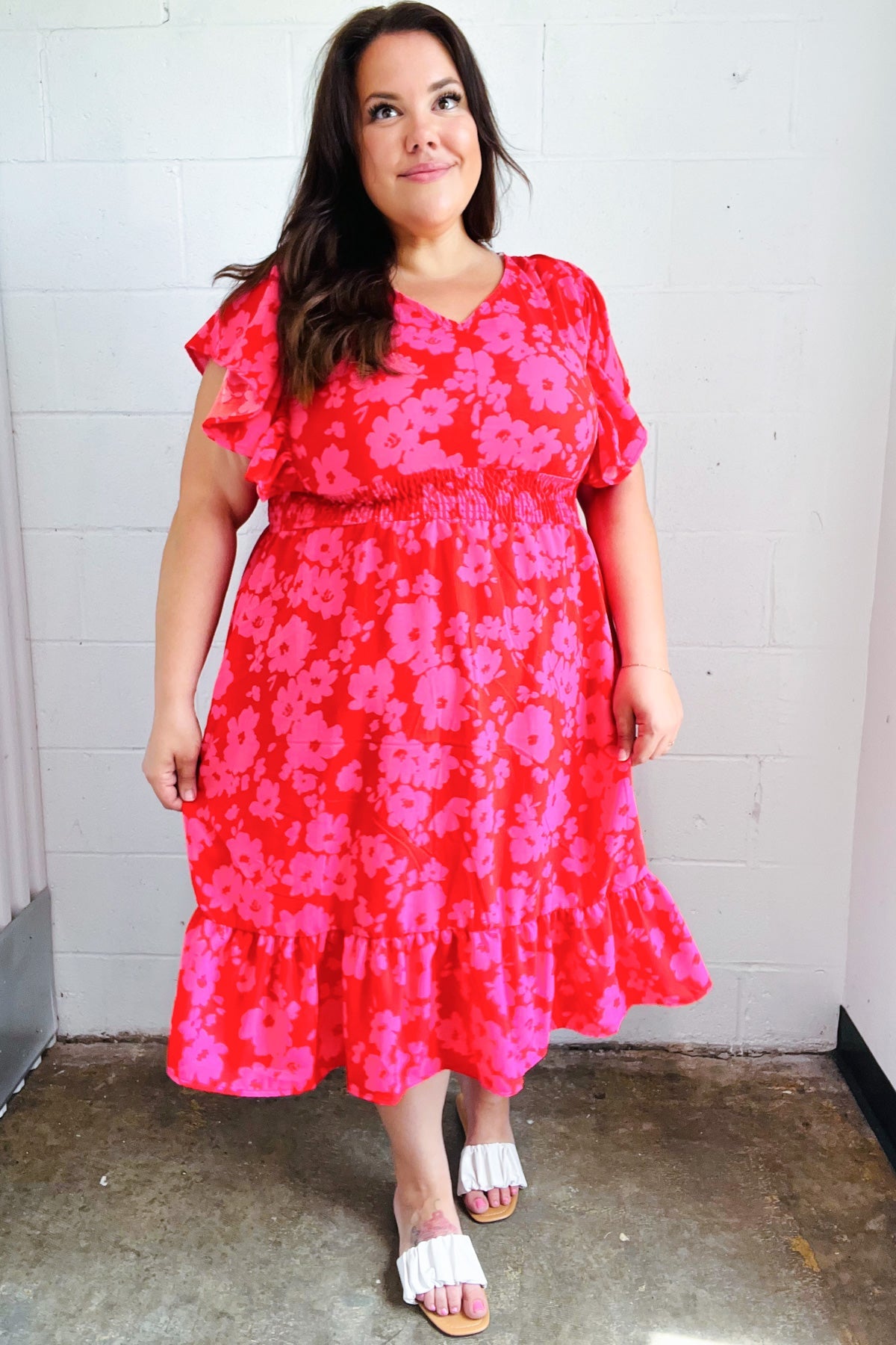 Remember Me Red & Pink Floral Print Smocked Waist Midi Dress