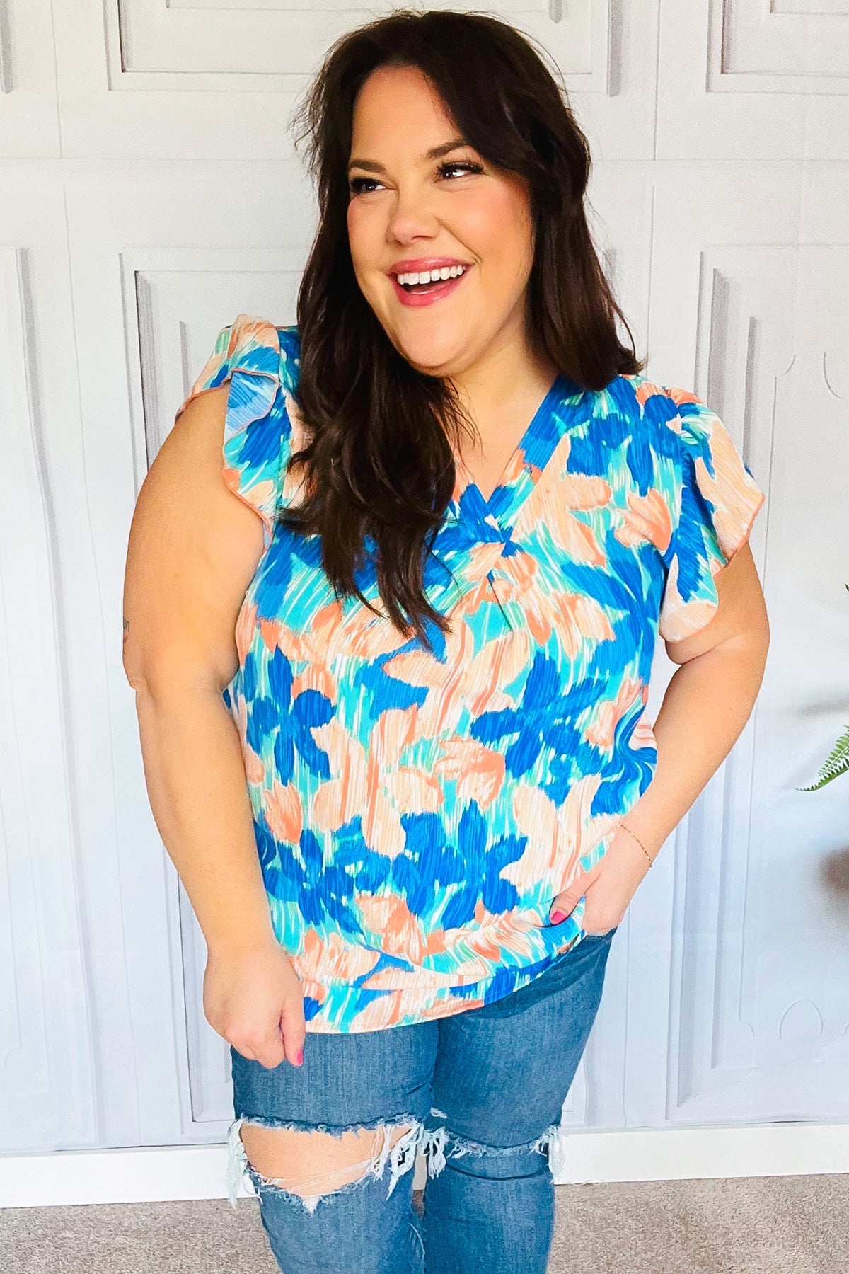 Tropical Breeze Turquoise Floral Banded V Neck Flutter Sleeve Top