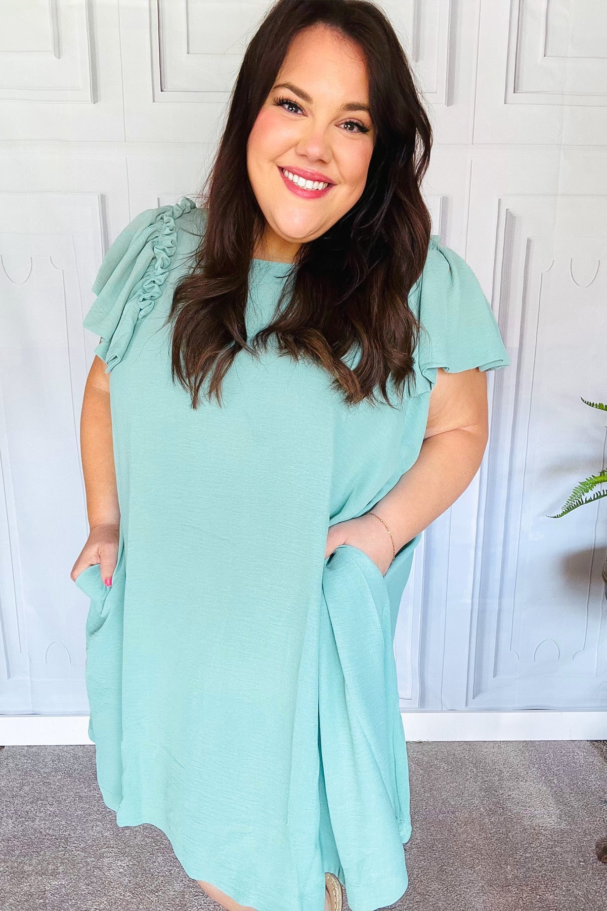 Out For The Day Sage Crinkle Woven Ruffle Sleeve Dress