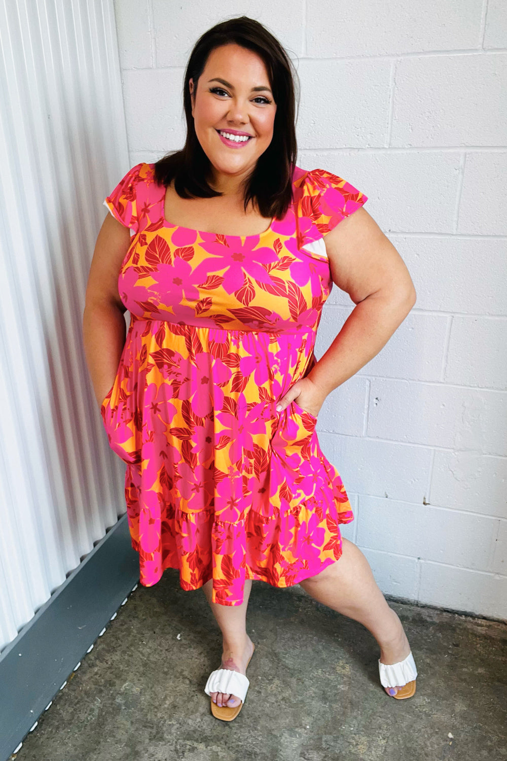 Fuchsia & Orange Tropical Floral Square Neck Dress