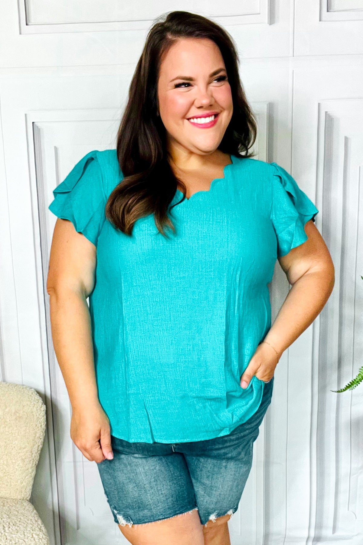 Eyes On You Teal Scalloped V Neck Tulip Sleeve Top