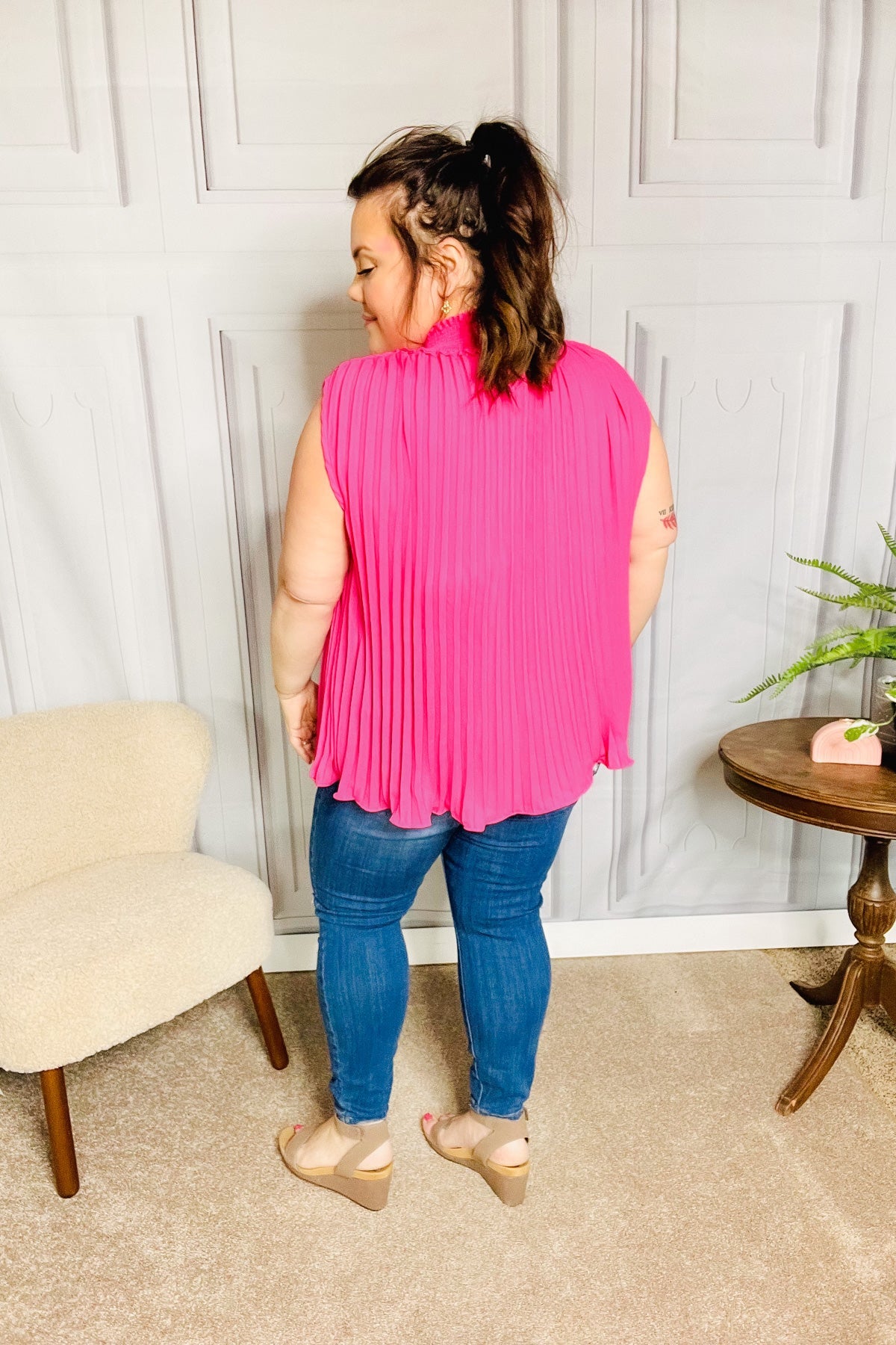 Sweet New Days Fuchsia Smocked Neck Pleated Sleeveless Top