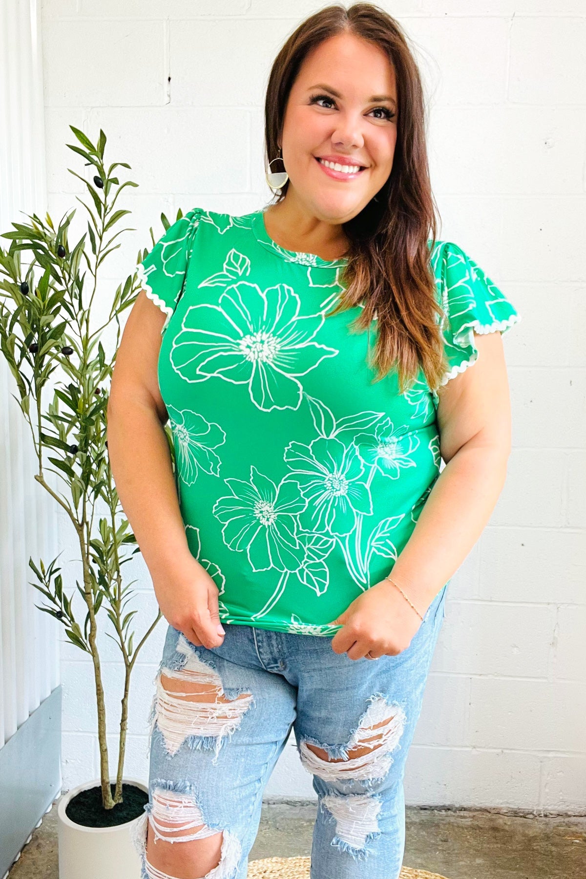 Follow Me Emerald Floral Ric Rac Trim Flutter Sleeve Top