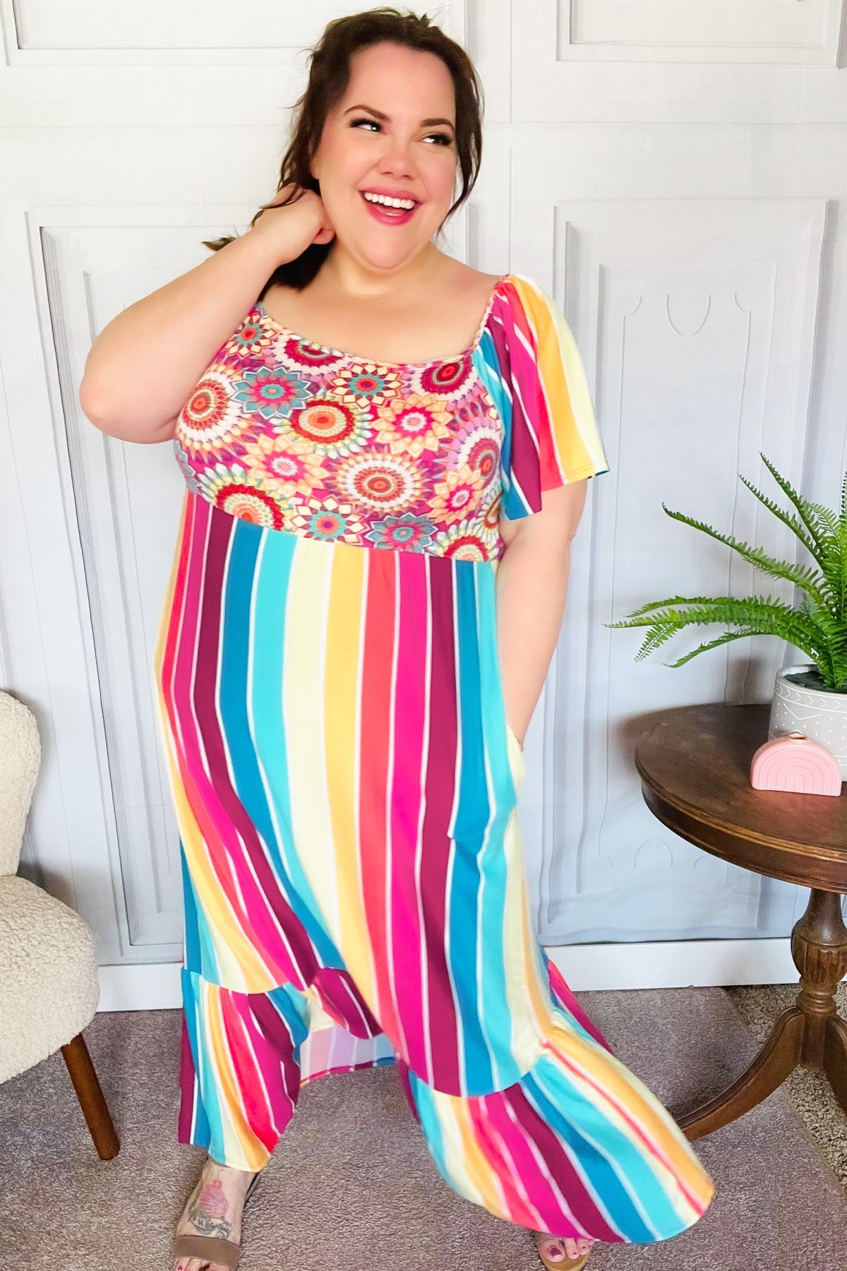 Feeling Bold Fuchsia & Teal Striped Medallion Crochet Print Dress